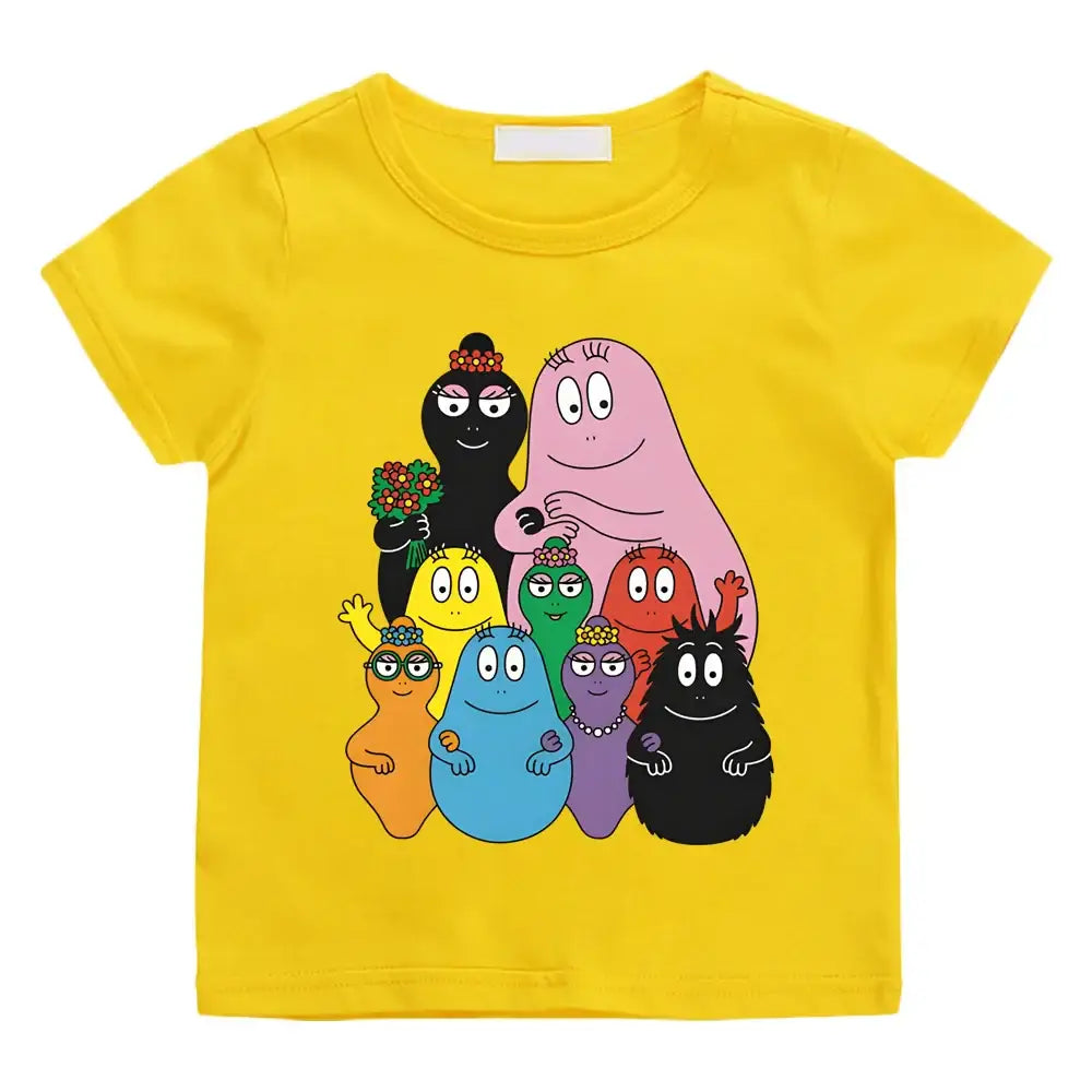 T-shirt enfant barbapapa jaune vif à manches courtes avec motif cartoon coloré des personnages de la famille barbapapa