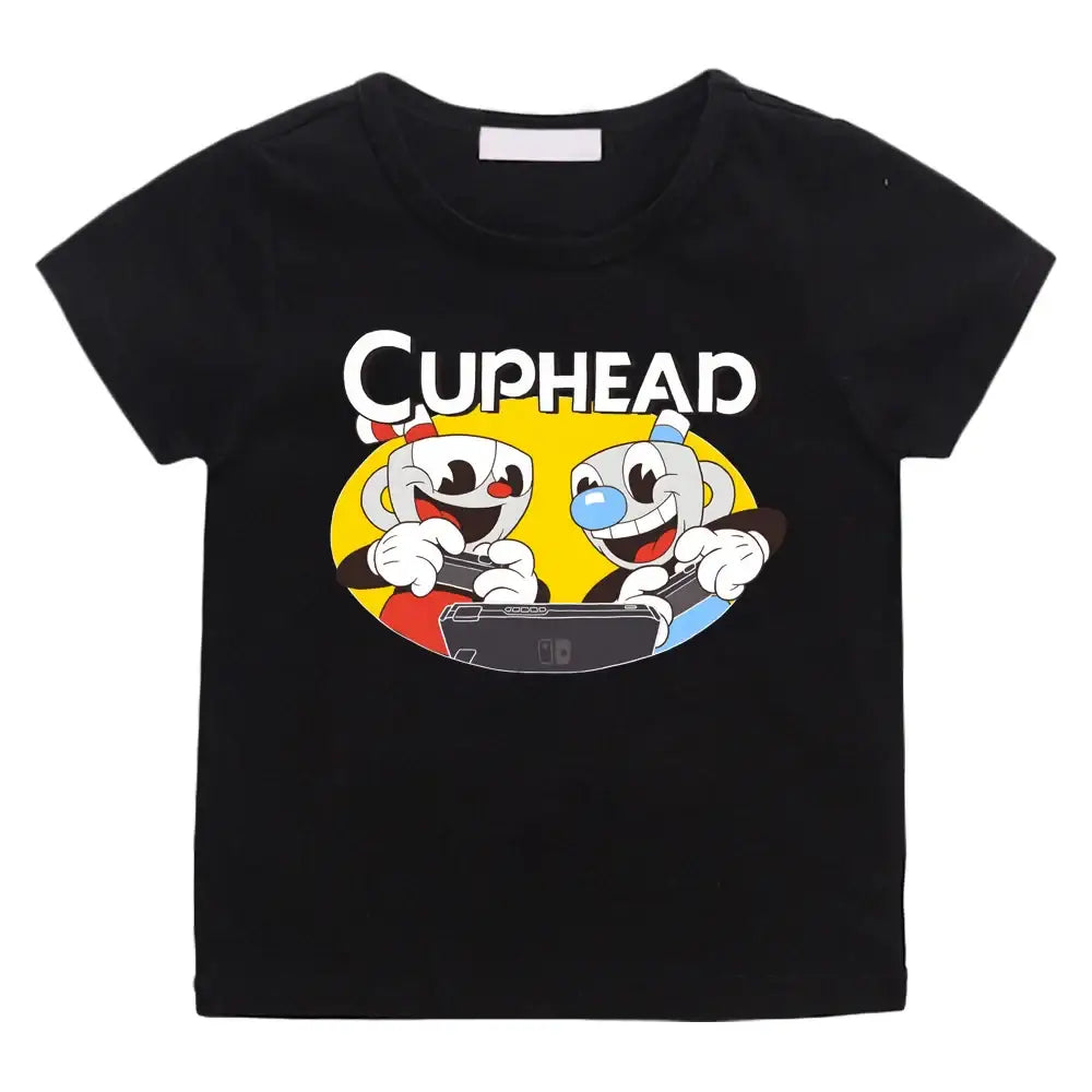 T-shirt enfant cuphead noir avec graphique vif des personnages cuphead jouant à une console pour jeunes gamers