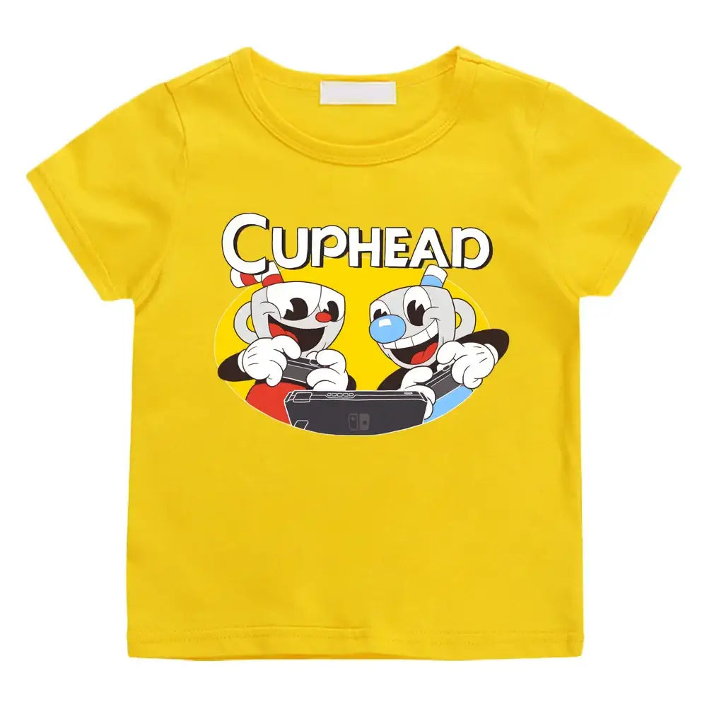 T-shirt enfant cuphead jaune vif en coton avec design cartoon cuphead et lettrage blanc pour jeunes gamers