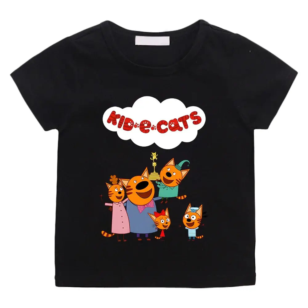 T-shirt enfant famille noir avec chatons espiègles colorés de la série famille chat kid-e-cats imprimés sur le devant