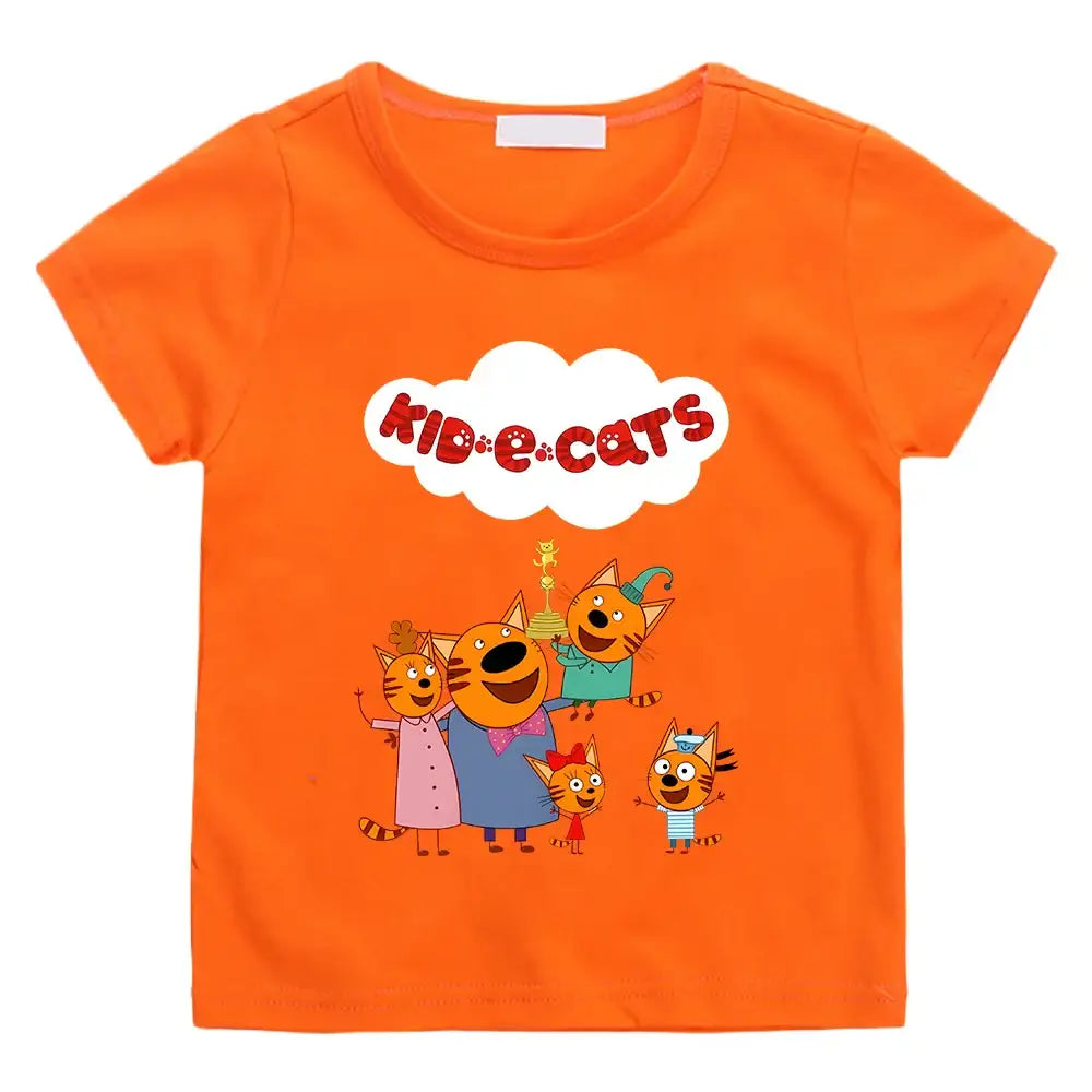 T-shirt enfant famille orange avec famille chat kid-e-cats colorée et chatons espiègles pour enfants