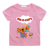 T-shirt enfant famille rose avec design coloré de chatons espiègles famille chat kid-e-cats et logo rouge