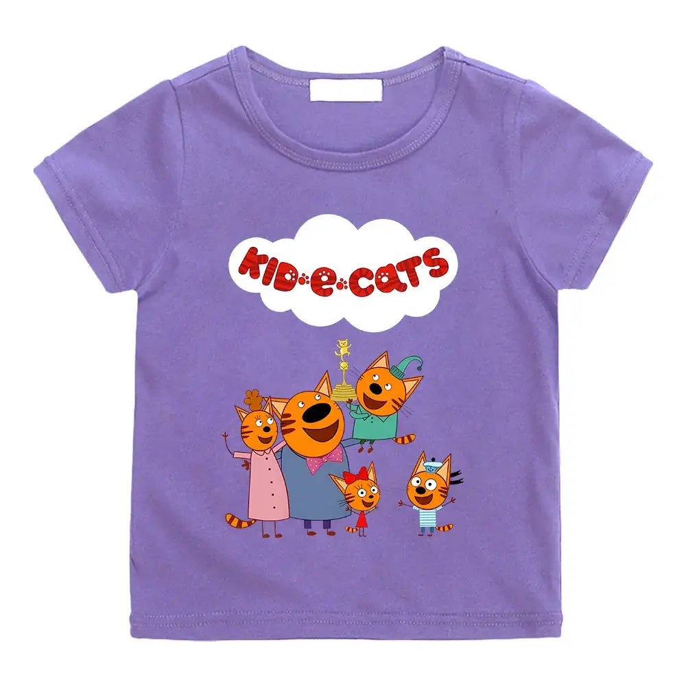 T-shirt enfant famille violet à manches courtes avec un graphique coloré de famille chat kid-e-cats espiègle