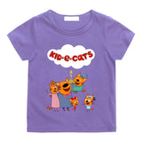 T-shirt enfant famille violet à manches courtes avec un graphique coloré de famille chat kid-e-cats espiègle