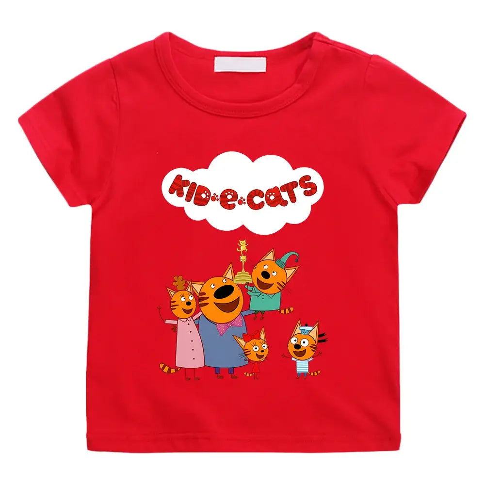 T-shirt enfant famille rouge avec motif coloré des chatons espiègles de la famille chat kid-e-cats