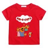 T-shirt enfant famille rouge avec motif coloré des chatons espiègles de la famille chat kid-e-cats