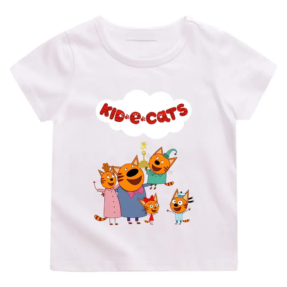 T-shirt enfant famille blanc avec famille chat kid-e-cats colorée de chatons espiègles imprimée sur le devant