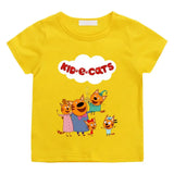 T-shirt enfant famille jaune vif avec famille chat kid-e-cats colorée représentant des chatons espiègles