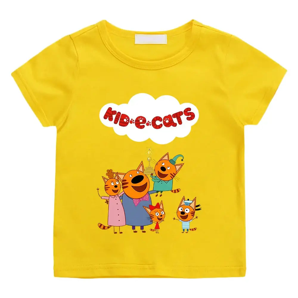 T-shirt enfant famille jaune vif avec famille chat kid-e-cats colorée représentant des chatons espiègles