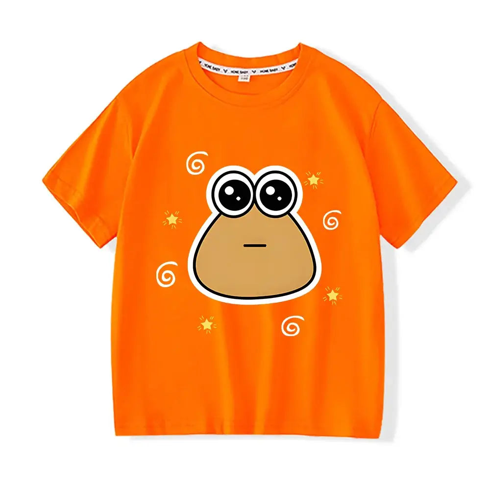 T-shirt enfant funny orange en coton doux avec personnage drôle grenouille et étoiles jaunes sur le devant