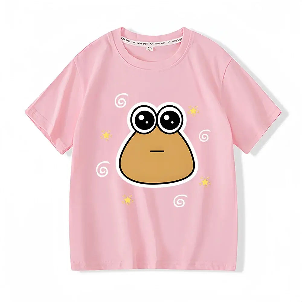 T-shirt enfant funny rose en coton doux avec personnage drôle grenouille marron étoiles jaunes et tourbillons blancs