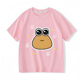 T-shirt enfant funny rose en coton doux avec personnage drôle grenouille marron étoiles jaunes et tourbillons blancs