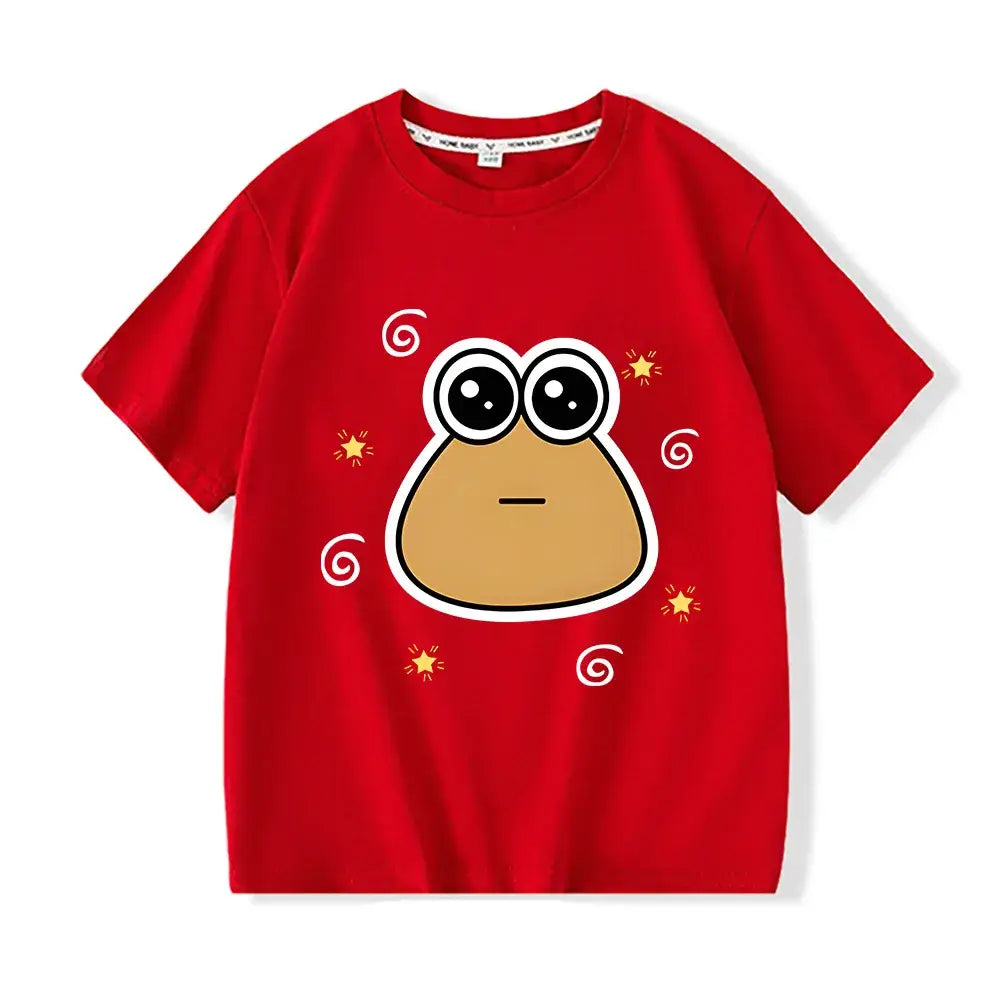 T-shirt enfant funny rouge en coton doux avec personnage drôle grenouille entourée d étoiles jaunes et tourbillons blancs