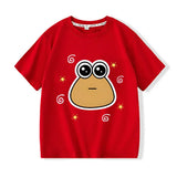 T-shirt enfant funny rouge en coton doux avec personnage drôle grenouille entourée d étoiles jaunes et tourbillons blancs