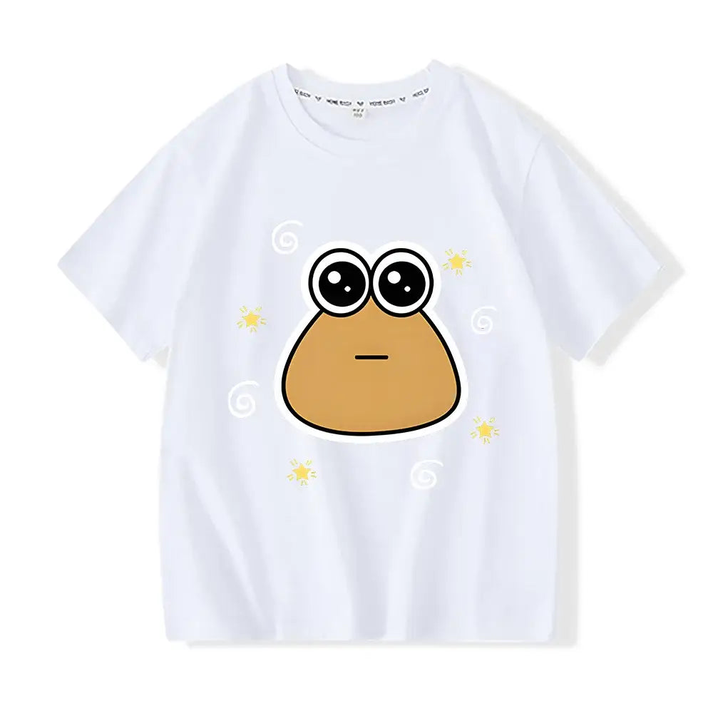 T-shirt enfant funny en coton doux blanc avec personnage drôle grenouille marron et étoiles jaunes