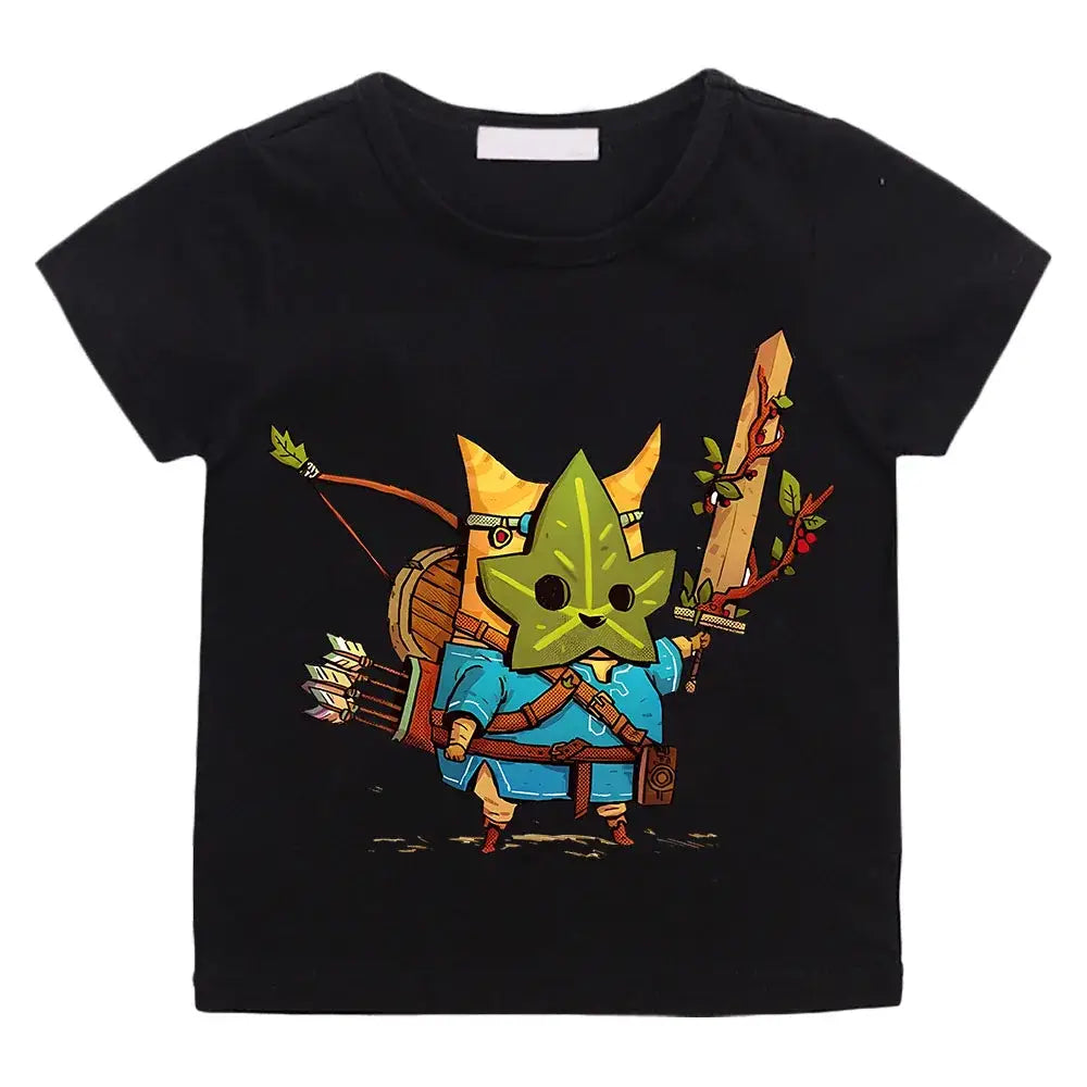 T-shirt enfant korok zelda noir avec personnage cartoon coloré tête feuille et armure bleue tenant épée et arc
