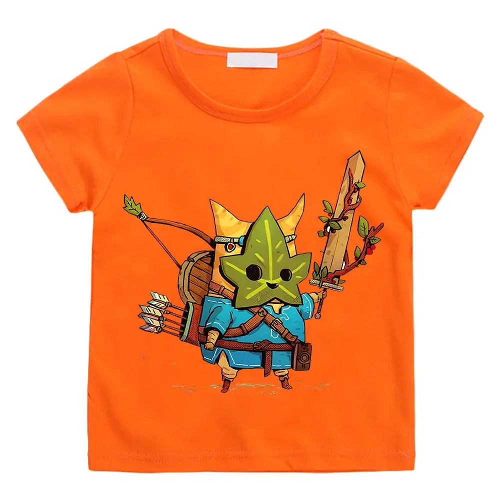 T-shirt enfant korok zelda orange avec personnage korok en armure bleue tenant épée et arc
