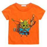 T-shirt enfant korok zelda orange avec personnage korok en armure bleue tenant épée et arc
