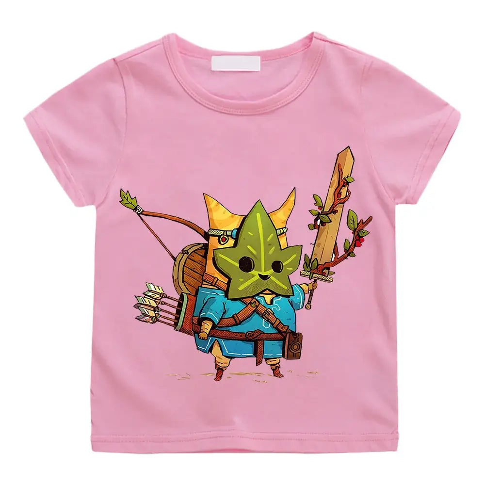 T-shirt enfant korok zelda rose à manches courtes avec personnage korok en armure bleue tenant épée et arc