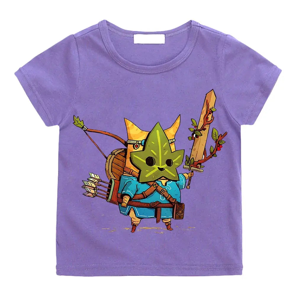 T-shirt enfant korok zelda violet avec personnage korok en armure bleue tenant épée et arc sur tissu coton