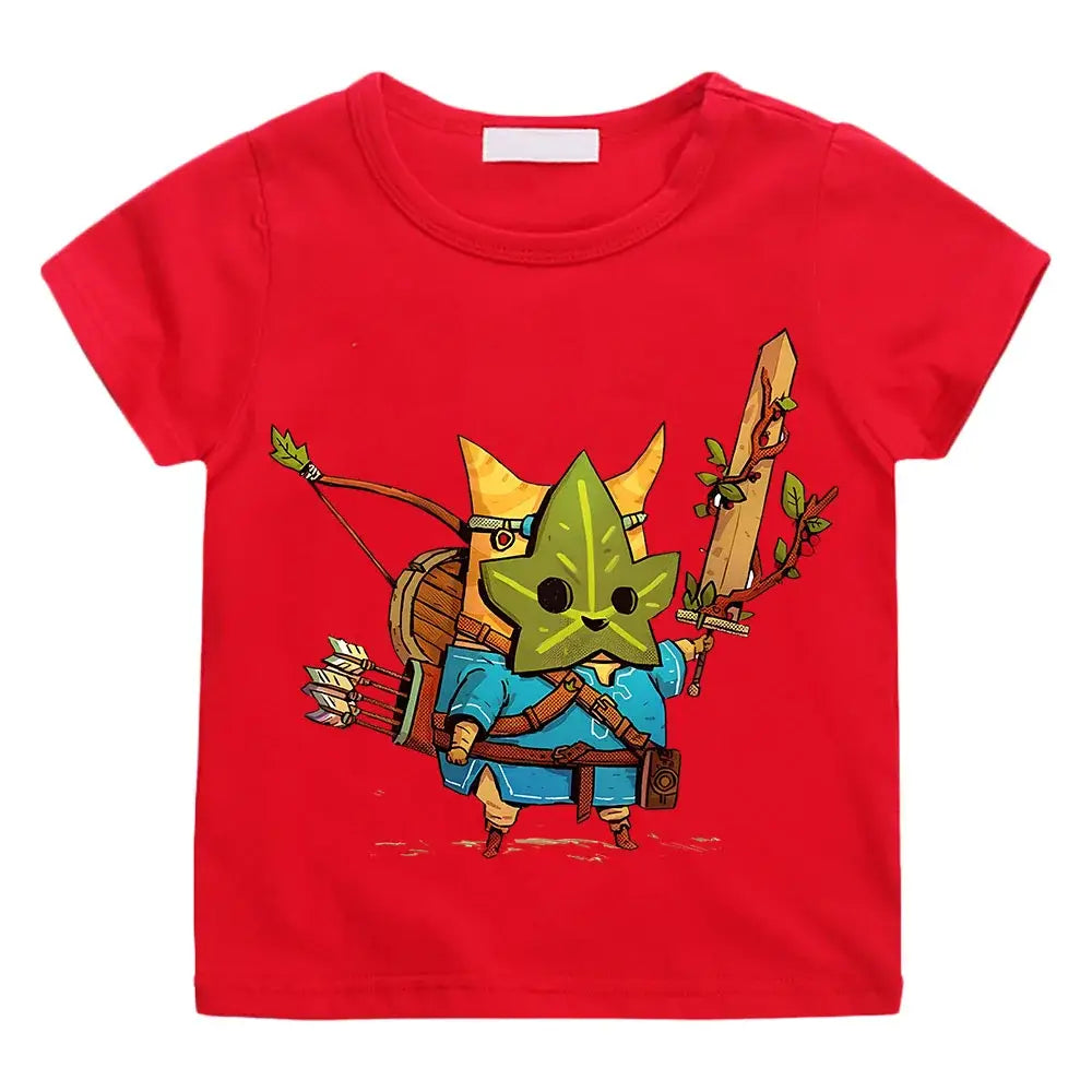 T-shirt enfant korok zelda rouge avec personnage de korok en armure bleue tenant une épée et un arc