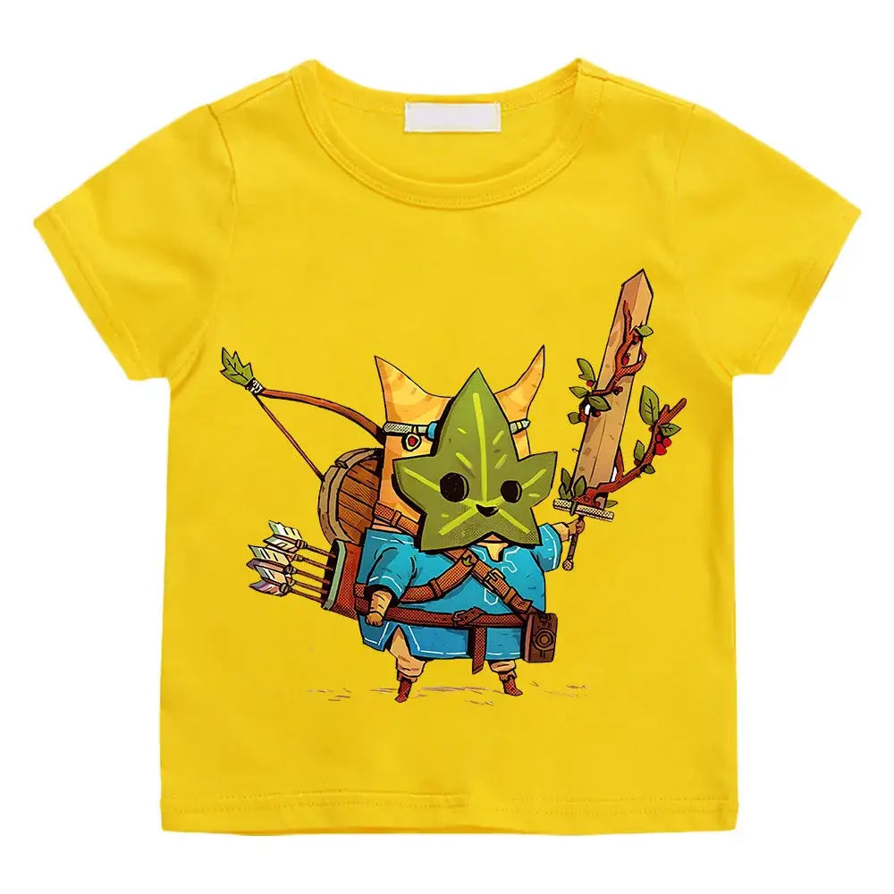 T-shirt enfant korok zelda jaune avec personnage korok portant armure bleue et tenant épée et arc