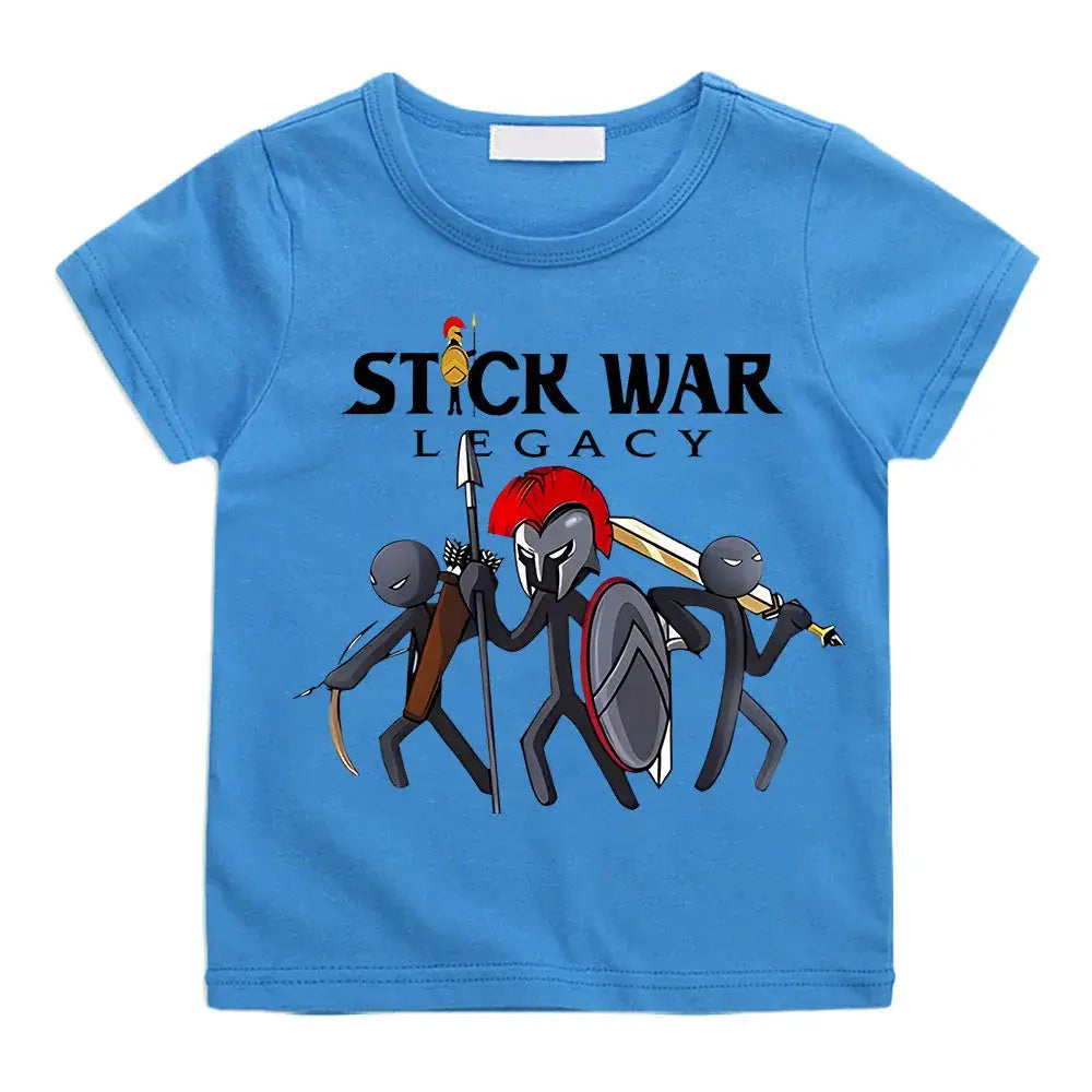 T-shirt enfant stick war bleu clair à manches courtes avec graphique stick war legacy et guerriers stylisés