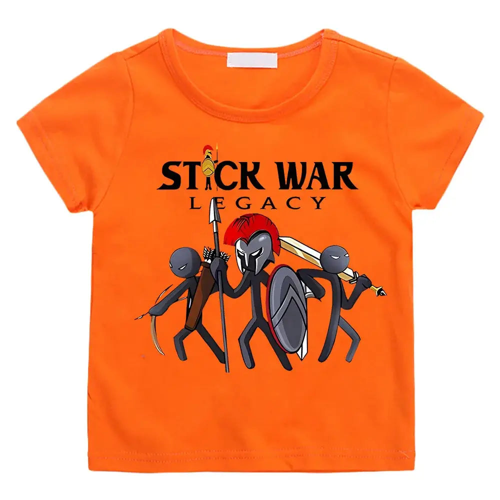 T-shirt enfant stick war orange avec graphique de guerriers en bâton et texte stick war legacy manches courtes