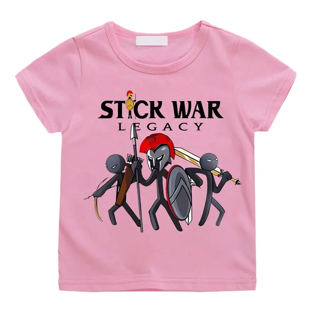 T-shirt enfant stick war rose à manches courtes avec graphique cartoon de guerriers stick war legacy imprimé dessus
