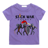 T-shirt enfant stick war violet à manches courtes avec un graphisme de guerriers stick war legacy imprimé dessus