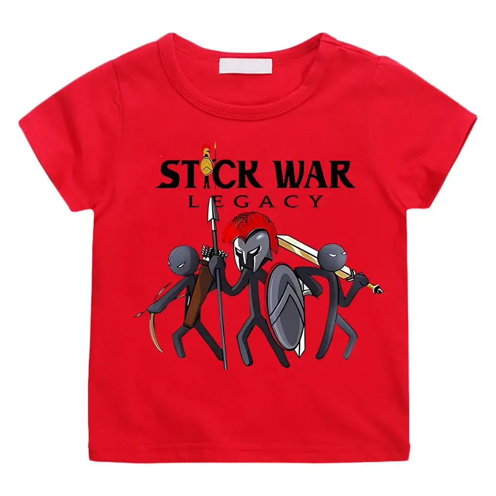 T-shirt enfant stick war rouge à manches courtes avec illustration de guerriers stick war en noir gris et rouge