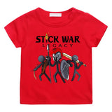 T-shirt enfant stick war rouge à manches courtes avec illustration de guerriers stick war en noir gris et rouge