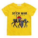 T-shirt enfant stick war jaune vif avec graphique de guerriers en baton et texte stick war legacy imprime dessus