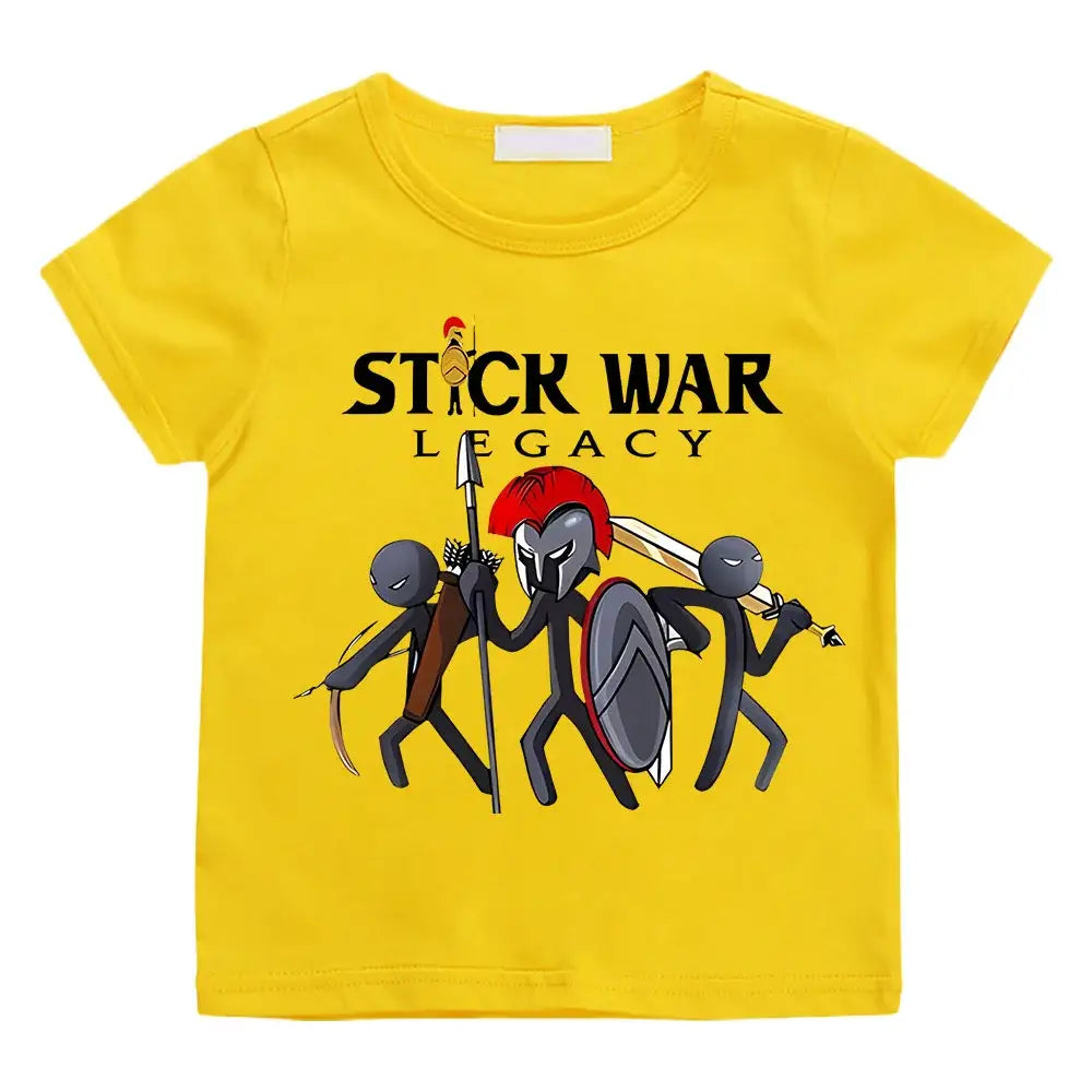 T-shirt enfant stick war jaune vif avec graphique de guerriers en baton et texte stick war legacy imprime dessus