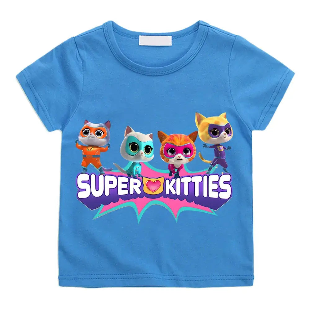 T-shirt enfant super kitties summer bleu avec motif coloré super kitties pour journées actives estivales