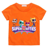 T-shirt enfant super kitties summer orange avec graphique coloré de quatre chats en costume de super-héros pour journées actives