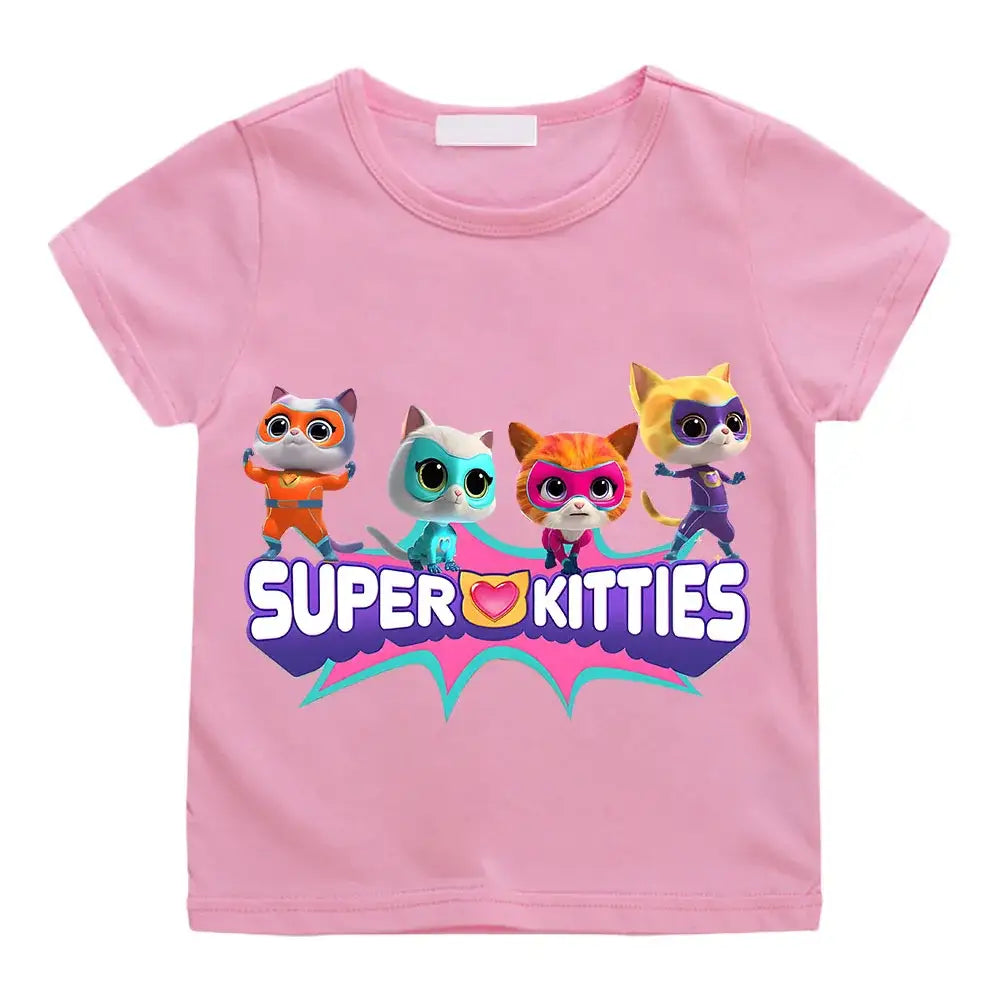 T-shirt enfant super en coton rose avec imprimé coloré super kitties summer pour journées actives