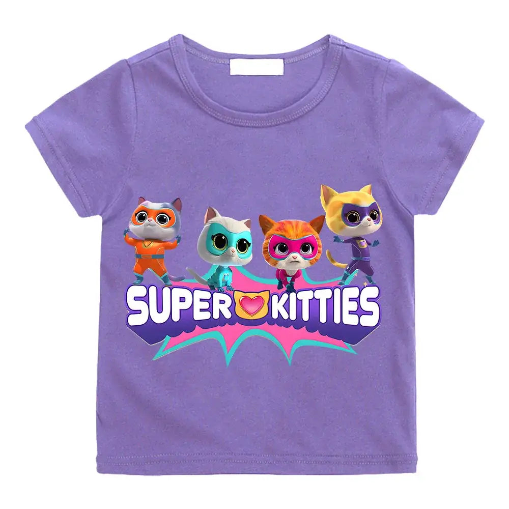 T-shirt enfant super violet avec super kitties summer graphique coloré pour journées actives estivales