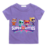 T-shirt enfant super violet avec super kitties summer graphique coloré pour journées actives estivales