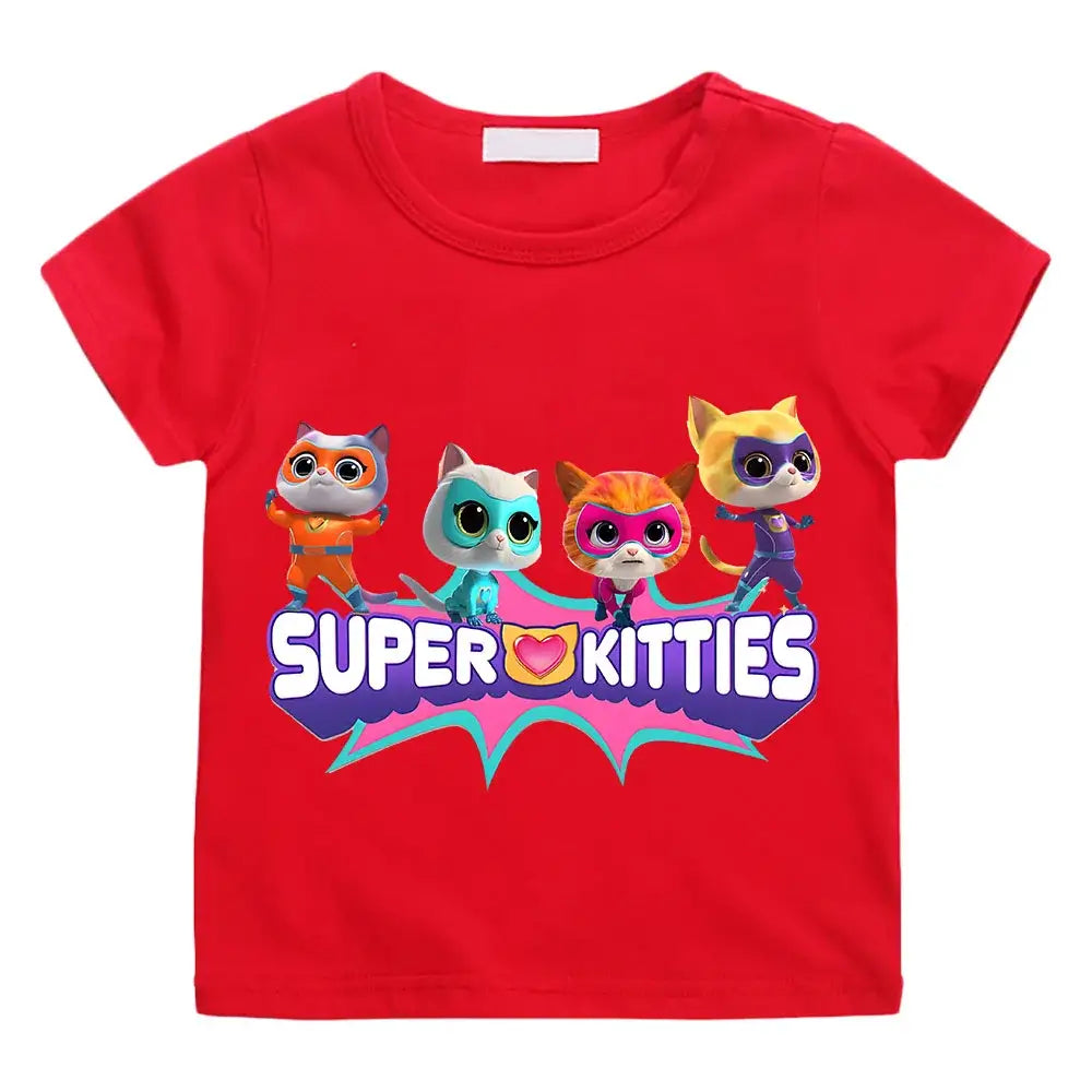 T-shirt enfant super kitties summer rouge à manches courtes avec un graphisme coloré de quatre chats super héros pour journées actives