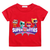T-shirt enfant super kitties summer rouge à manches courtes avec un graphisme coloré de quatre chats super héros pour journées actives