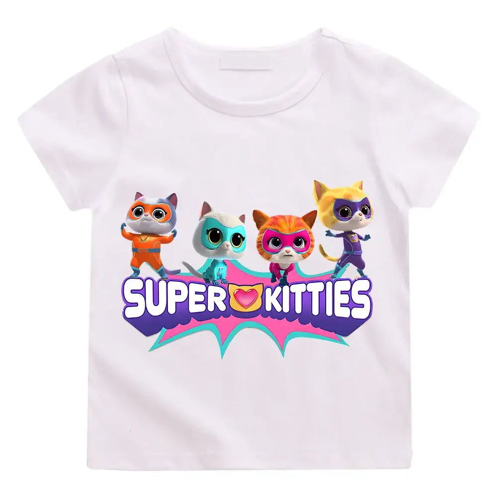 T-shirt enfant super blanc à manches courtes avec un graphisme coloré super kitties summer pour journées actives