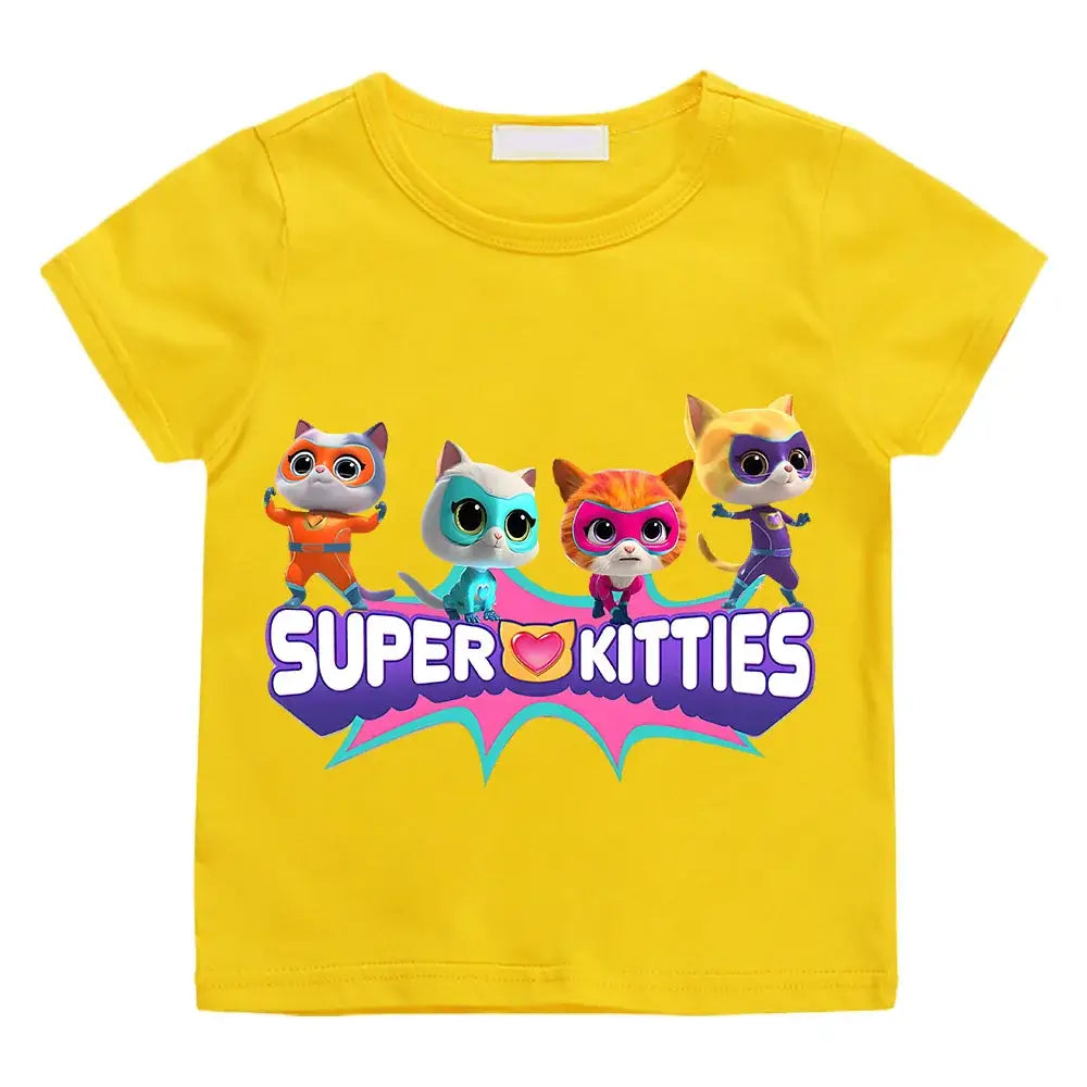 T-shirt enfant super kitties summer jaune vif avec graphique coloré de quatre chats super héros pour journées actives