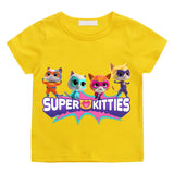 T-shirt enfant super kitties summer jaune vif avec graphique coloré de quatre chats super héros pour journées actives