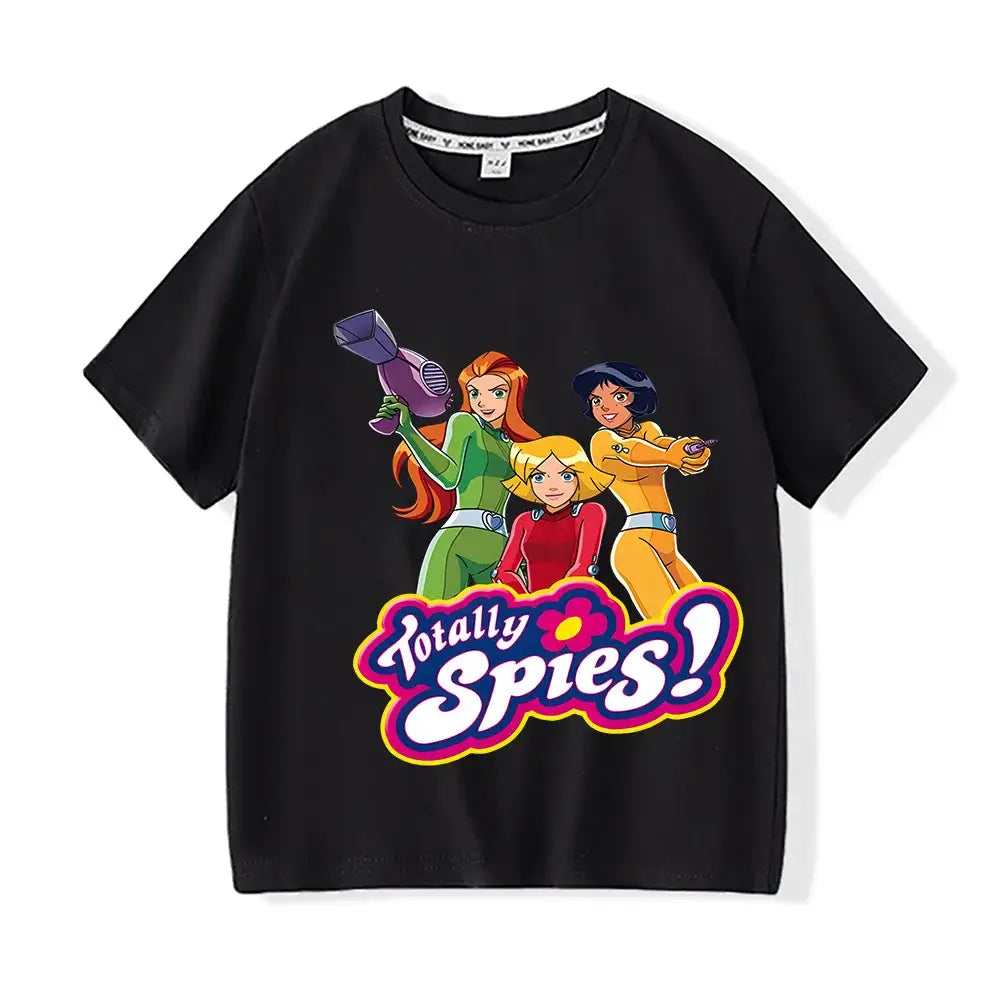 T-shirt enfant totalement spies noir avec graphisme coloré des missions secrètes des personnages cartoon