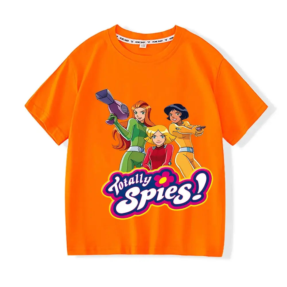 T-shirt enfant totally spies orange à manches courtes avec un graphisme coloré des personnages pour missions secrètes