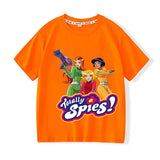 T-shirt enfant totally spies orange à manches courtes avec un graphisme coloré des personnages pour missions secrètes