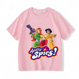 T-shirt enfant totally spies rose avec graphisme coloré des personnages de missions secrètes totalement spies
