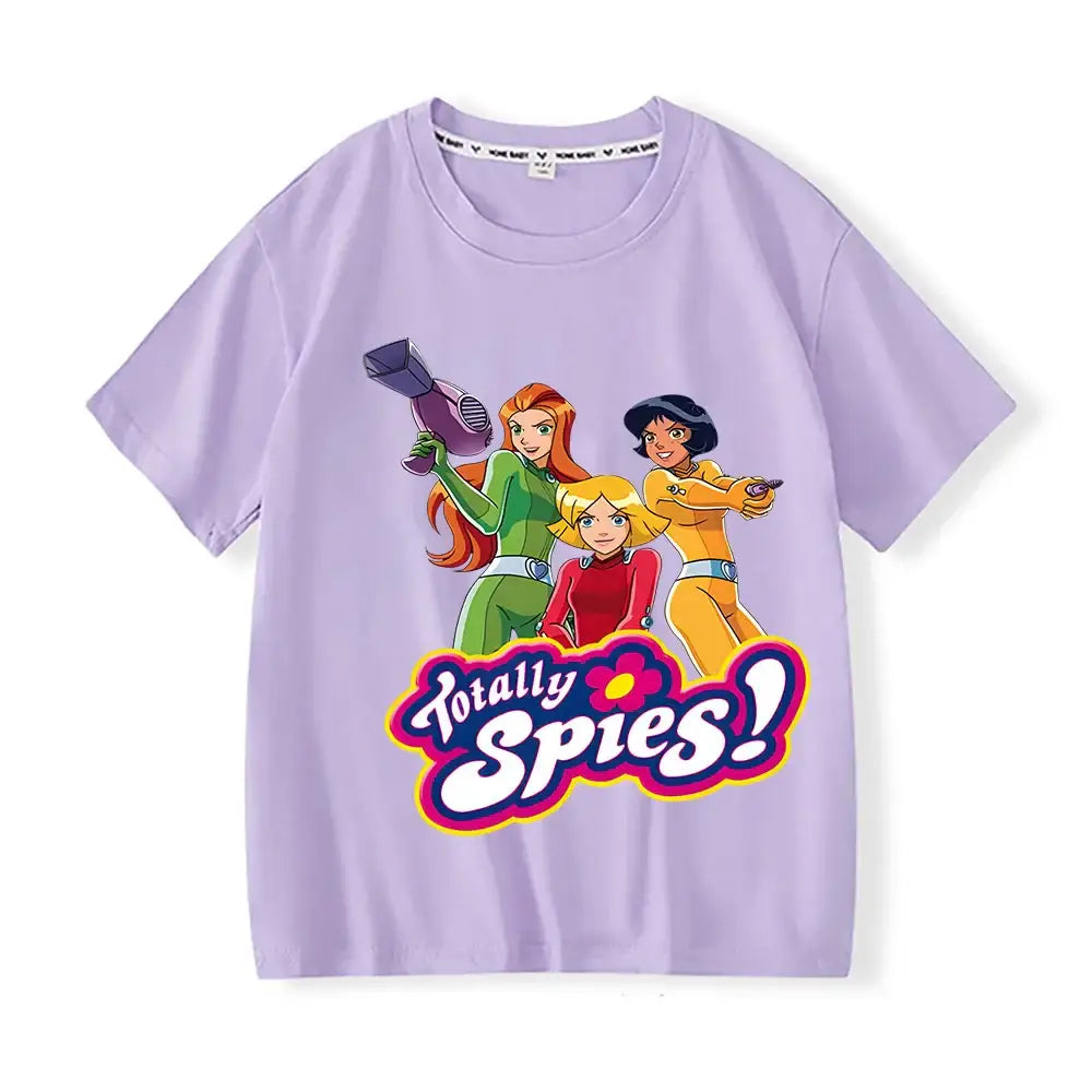 T-shirt enfant totally spies lavande à manches courtes avec un graphisme coloré des missions secrètes des personnages animés