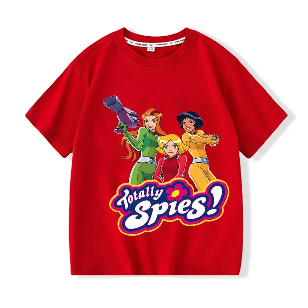T-shirt enfant totally spies rouge à manches courtes avec un graphisme coloré des personnages missions secrètes